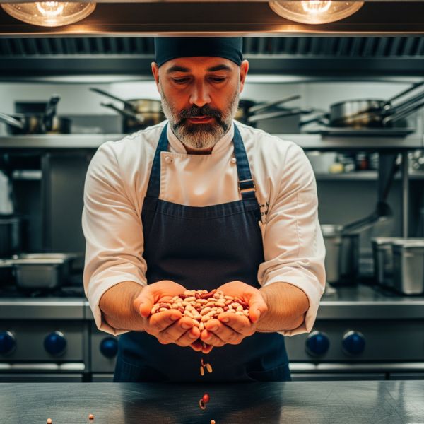 A chef inspecting dry pinto and kidney beans in a restaurant kitchen.