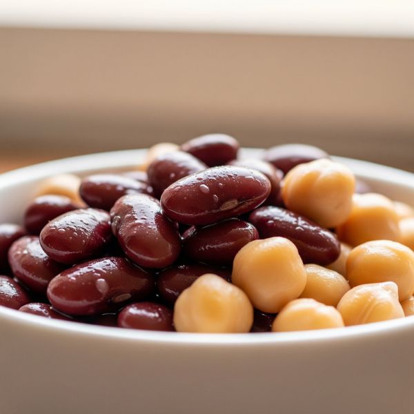 A close-up of cooked kidney and garbanzo beans in a white bowl.