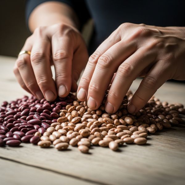 A person sorting through dry kidney and pinto beans.