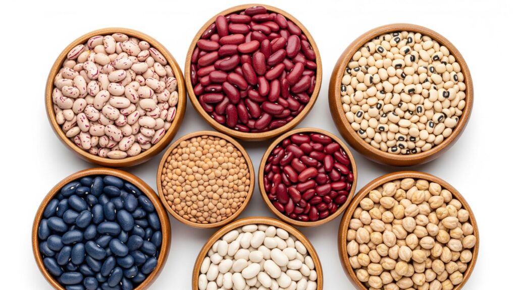 A variety of colorful dry beans from 21st Century Bean, including pintos, kidneys, and garbanzos, in rustic wooden bowls.